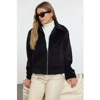 WOVCOR Women's Plain Zip Through Collared Wool Look Casual Jacket in Black | Size: Large