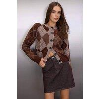 WOVCOR Women's Button-Up Argyle Knit Cardigan with Crew Neck | Size: XS