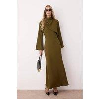 WOVCOR Women's High Neck Draped Detail Elegant Maxi Dress with Flared Sleeves in Khaki | Size: 8