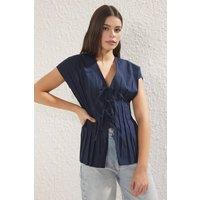 WOVCOR Women's Lace Up Panel Detail V Neck Short Sleeve Plain Shirt in Navy | Size: 6