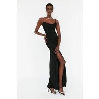 WOVCOR Women's Ruched Strappy Maxi Dress with Front Split Detail in Black | Size: 14