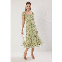 WOVCOR Women's Floral Button Detail Puff Sleeve Midi Dress | Size: 14