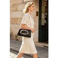 Lovii Women's Elegant Sculpted Gold Handle Clutch Bag with Detachable Chain Strap in Black