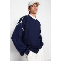 WOVCOR Men's Crew Neck Knit Jumper with Piping Detail in Navy | Size: Medium