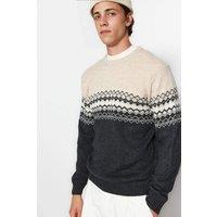 WOVCOR Men's Crew Neck Fairisle Knit Jumper in Dark Grey | Size: XL