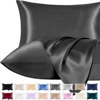 Pamposh Ultra Soft Satin Silk Pillow Cases Pack of 2 in Charcoal | Size: Standard Pillow Case