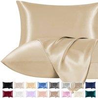 Pamposh Ultra Soft Satin Silk Pillow Cases Pack of 2 in Light Beige | Size: Standard Pillow Case