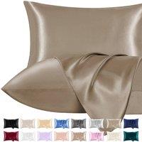 Pamposh Ultra Soft Satin Silk Pillow Cases Pack of 2 in Khaki | Size: Standard Pillow Case