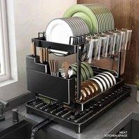EONLION 2 Tier Dish Drainer Rack with Drip Tray in Black | Size: 100 cm