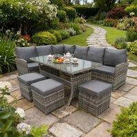 FURNITURE ONE 9 Seater Rattan Corner Patio Set with Glass Dining Table - Gray in Grey