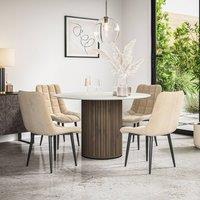 More4Homes Arlo White Marble Top W Walnut Leg + Nova Velvet Dining Chair Set Of 4 in Beige