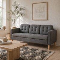 Wyld Haus Grey Fabric 3 Seater Sofa Hidden Storage Tufted Seat & Wooden Legs