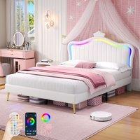 Matteo Double Cream White PU Leather Upholstered LED Adjustable Crown Headboard Bed Frame