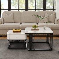 Merax White Marble Effect Nesting Coffee Table Set of 2 with Drawer & Shelf