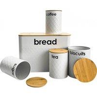 FLAVORA 5pc White Bread Bin Canister Set Bamboo Lid | Size: 0.6m2