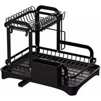 Ventryn 2 Tier Dish Drying Rack Plate Cup Drainer Storage Cutlery Holder in Black