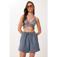 Happiness Istanbul Women's High Waist Wide Leg Cotton Shorts in Grey | Size: Small