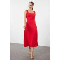 WOVCOR Women's Square Neck Thick Strap A-Line Midi Dress in Red | Size: 10