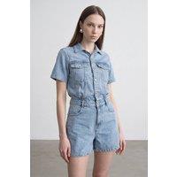 Dilvin Women's Denim Dungaree Shorts With Shirt Collar in Light Blue | Size: Large