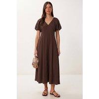 Happiness Istanbul Women's A-line Midi Dress With V-neck in Brown | Size: Small