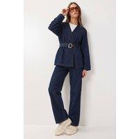 Happiness Istanbul Women's Cotton Gabardine Jacket & Wide-leg Trousers Set in Navy | Size: Small