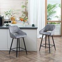 HOMCOM Stools Set of 2, Velvet-Touch Fabric Counter Height Bar Chairs in Grey