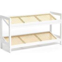 VOGREX 2 Tier White Bamboo Rattan Shoe Rack Wooden Shoe Storage Organiser