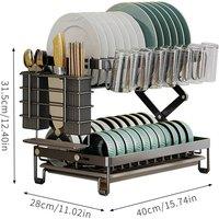 VOGREX 2-Tier Dish Drying Rack & Drip Tray Cutlery Holder Plates Storage in Black