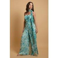 Oasis Women's Corset Detail Pleated Mesh Jumpsuit in Blue | Size: 12
