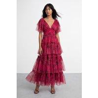 Warehouse Women's Tulle Floral Plunge Neck Flutter Sleeve Tier Maxi Dress in Pink | Size: 8
