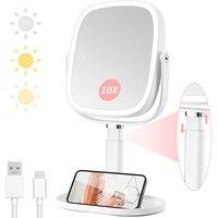 Vanexiss 1X/10X Magnifying Vanity Mirror, 3 Colors 360 Rotation Rechargeable in White