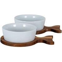 Lemon Pavilion Furniture and Decor Acacia Fishtail Serving Trays (Set of 2) with Bowls - Ceramic in Brown