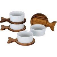 Lemon Pavilion Furniture and Decor Acacia Fishtail Serving Trays (Set of 4) with Bowls - Ceramic in Brown