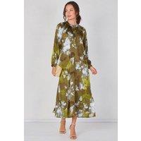 Love Sunshine Women's Khaki Watercolour Floral Luxury Satin Maxi Dress | Size: Small