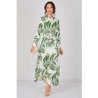 Love Sunshine Women's Green Palm Print Belted Maxi Shirt Dress | Size: Small