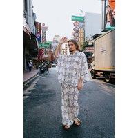 Zafosh Women's Printed Lawn Batwing Shirt & Wide Leg Trouser Co-ord in Off-White | Size: Small