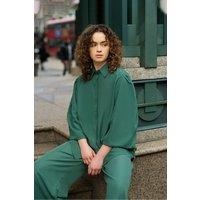 Zafosh Women's Lightweight Crepe Collared Shirt & Wide Leg Trouser Co-Ord in Green | Size: Medium