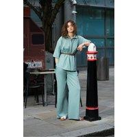 Zafosh Women's Relaxed Fit Textured Shirt & Wide Leg Trouser Co-Ord Set in Light Green | Size: Large