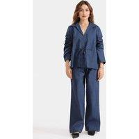 Zafosh Women's Linen Look Tie Waist Shirt & Trouser Co Ord in Navy | Size: Small