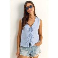 Bianco Lucci Women's Striped V-Neck Blouse with Tie Detail in Light Blue | Size: Medium
