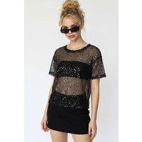 MixRay Women's Sequin Woven Crew Neck Blouse in Black | Size: Medium