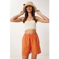 Happiness Istanbul Women's High Waist Wide Leg Cotton Shorts in Orange | Size: Medium
