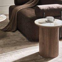 Wyld and Coco Ribbed Leg Side Table - Brown MDF Base White Marble-Ceramic Top 45cm