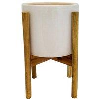 Lemon Pavilion Furniture and Decor Anzio Stone Planter with Wooden Stand - L24 x W24 x H38.5 cm - White