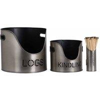 Lemon Pavilion Furniture and Decor Pewter Finish Logs and Kindling Buckets and Matchstick Holder - H32 cm in Grey