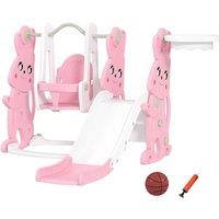 VOGREX Pink 4-in-1 Kids Slide Swing Set with Climber & Hoop