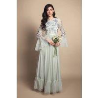 Coast Women's Sequin Long Sleeve Ruffle Mesh Maxi Bridesmaid Dress in Sage | Size: 8