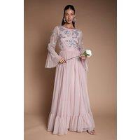 Coast Women's Sequin Long Sleeve Ruffle Mesh Maxi Bridesmaid Dress in Dusty Rose | Size: 16