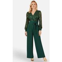 Yumi Women's Green Sequin Wrap Over Jumpsuit | Size: 12
