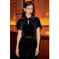 Yumi Women's Black Velvet Jumpsuit With Twist Neckline & Buckle Belt | Size: 12